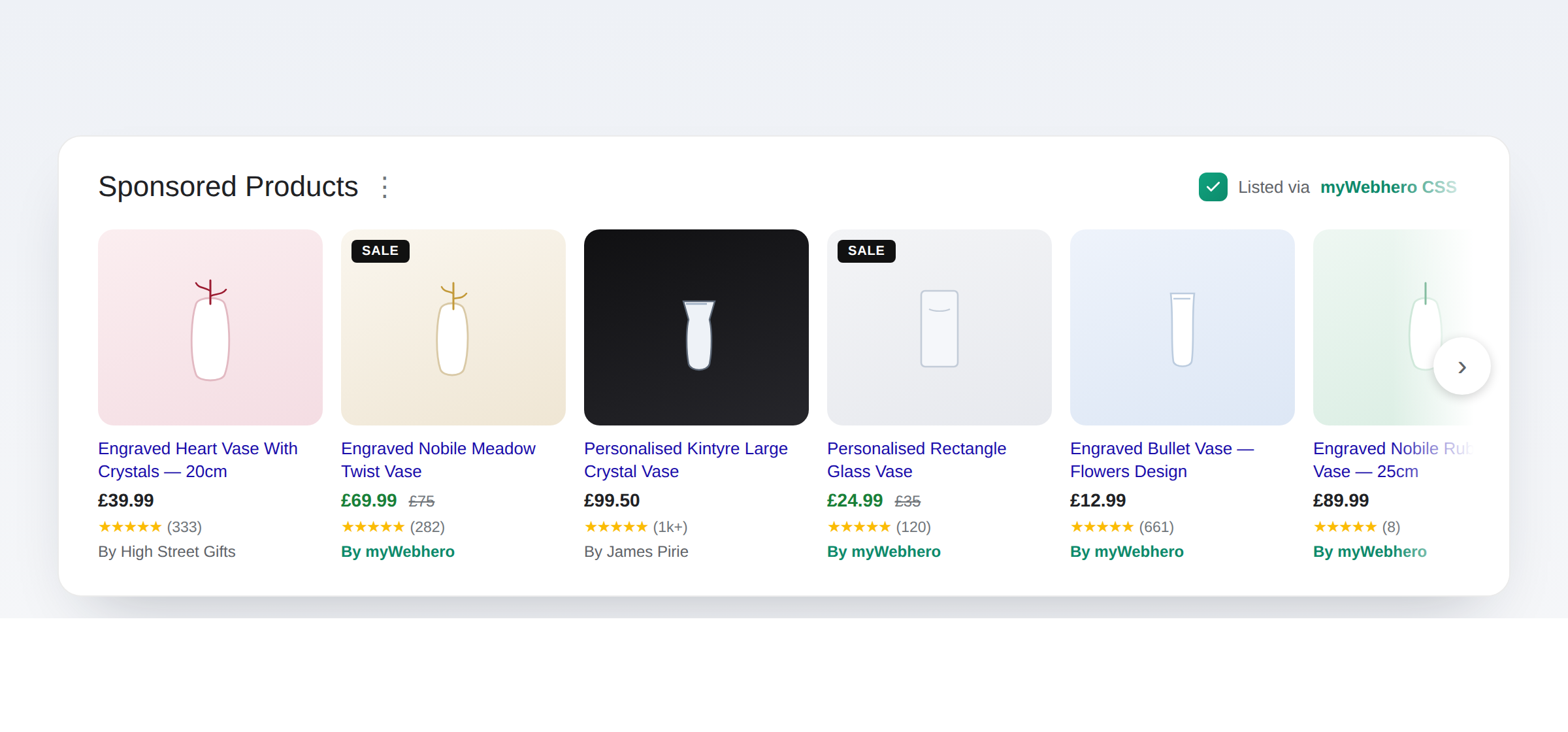 Google Sponsored Products shopping carousel of engraved glass vases, several listed 'By myWebhero' through the myWebhero Comparison Shopping Service (CSS).