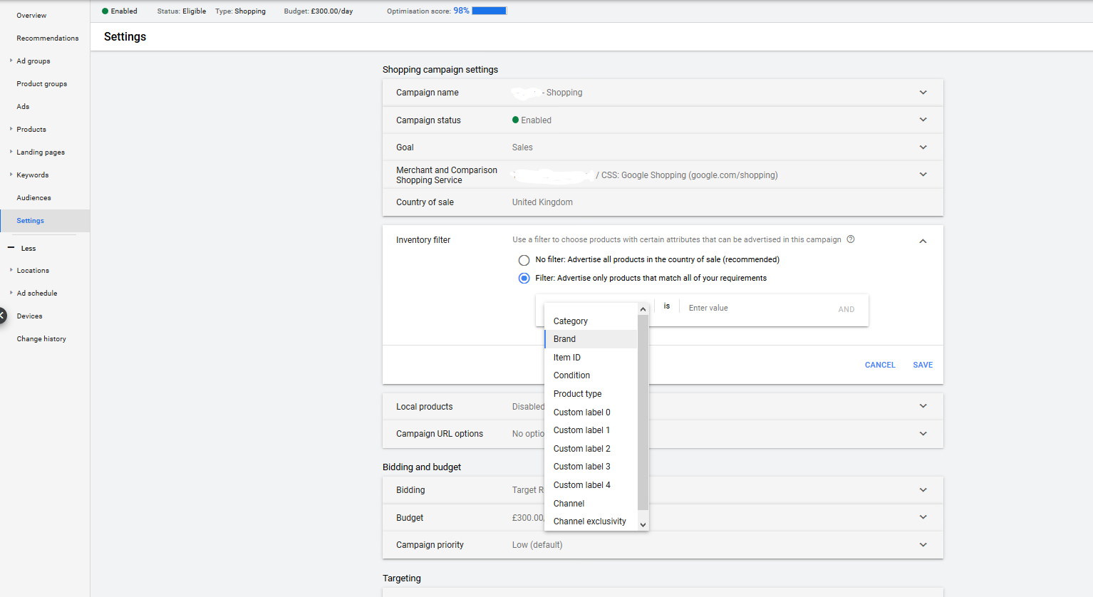 inventory filter in google shopping settings